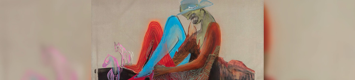 A loose contemporary painting of a figure in a hat wearing red high heels pulling off their brown skin with their teeth. They appear to be seated in a desert landscape with two pink horses at their feet.